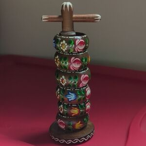 Vintage Handpainted Salzburg Austria Wooden Napkin Rings+ Holder